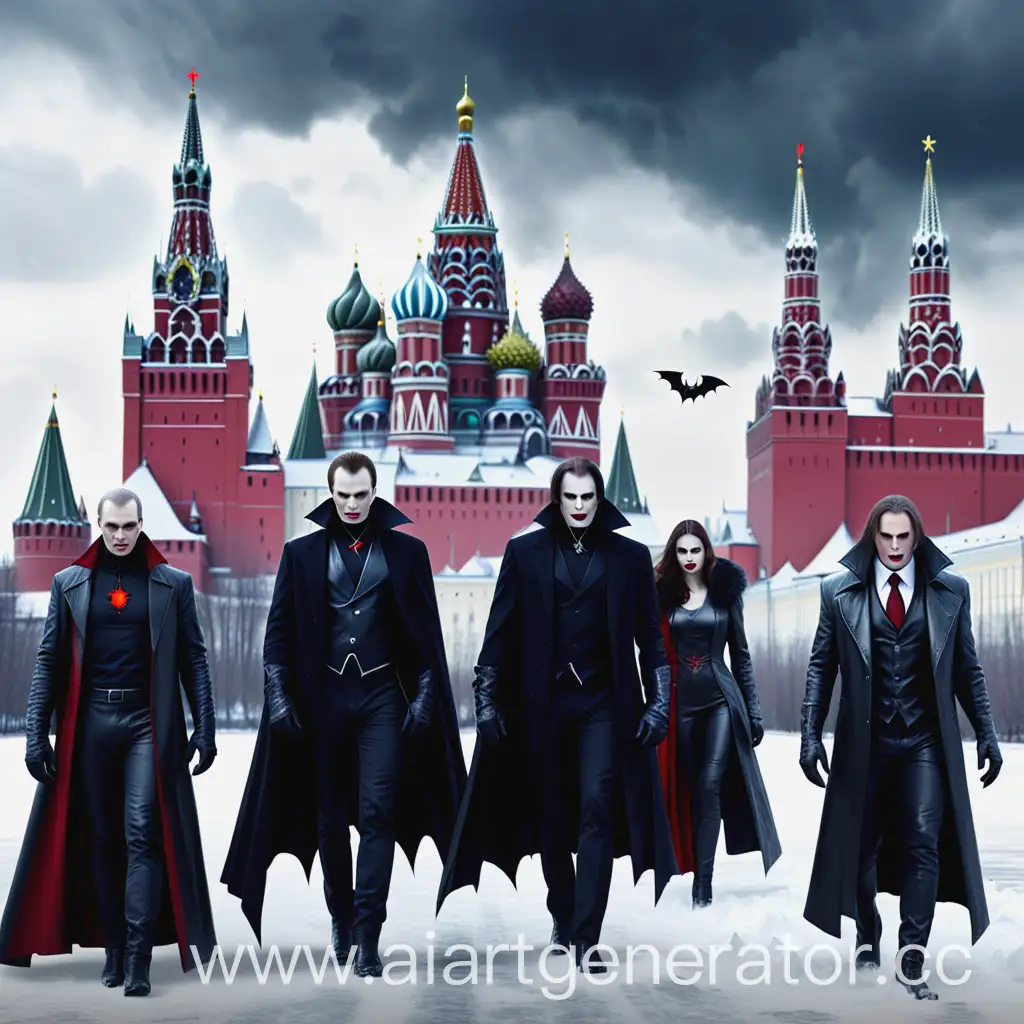 5 глав вампиров на фоне снежного технологичного Кремля