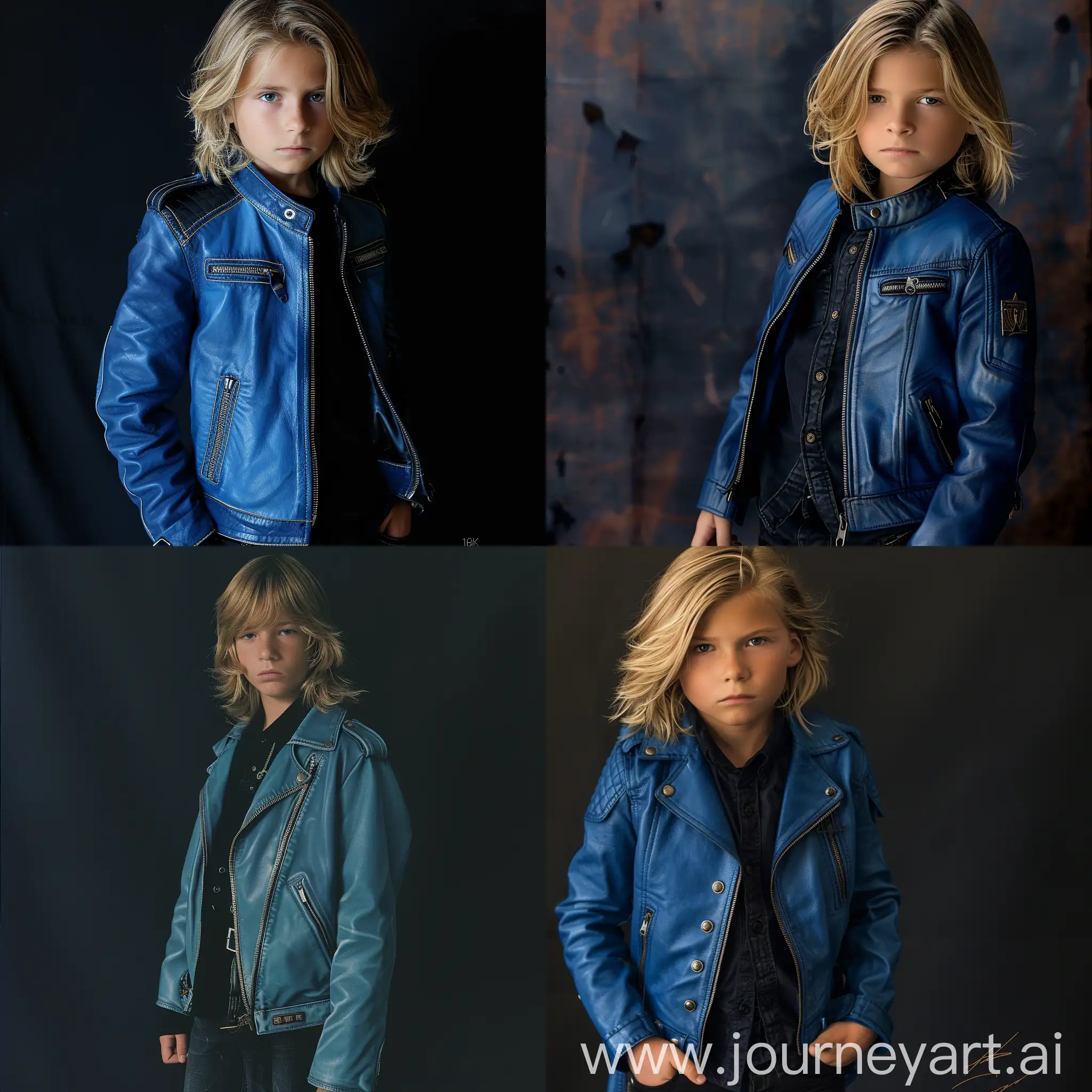 movie still of a 14 years old boy, with blonde medium long hair, wearing a blue leather jacket and with black shirt and pants, full body view, perfect shot, 16k.