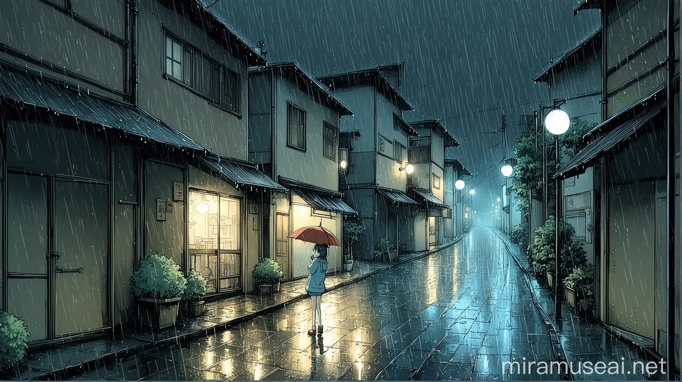 rainy night, quiet street, super anime, cartoon, Pencil draw design, Very simple and quiet, Linear design