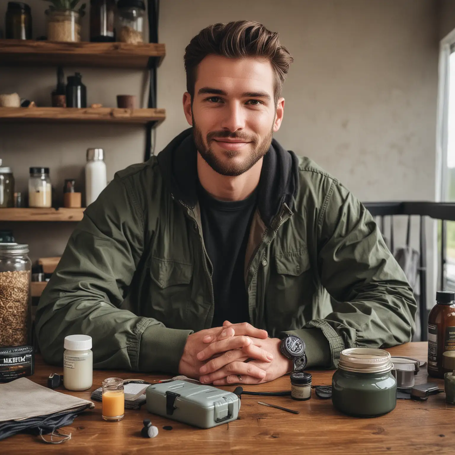 a handsome modern prepper with self care essentials on a table