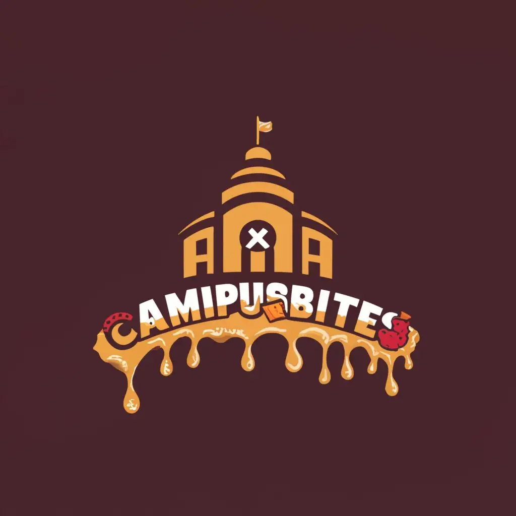 a logo design,with the text "CampusBites", main symbol:A university campus dripping of food and/or sweets maker sure to only use the following colors the colors are presented in hex 322C2B/803D3B/AF8260/E4C59E,complex,be used in Restaurant industry,clear background