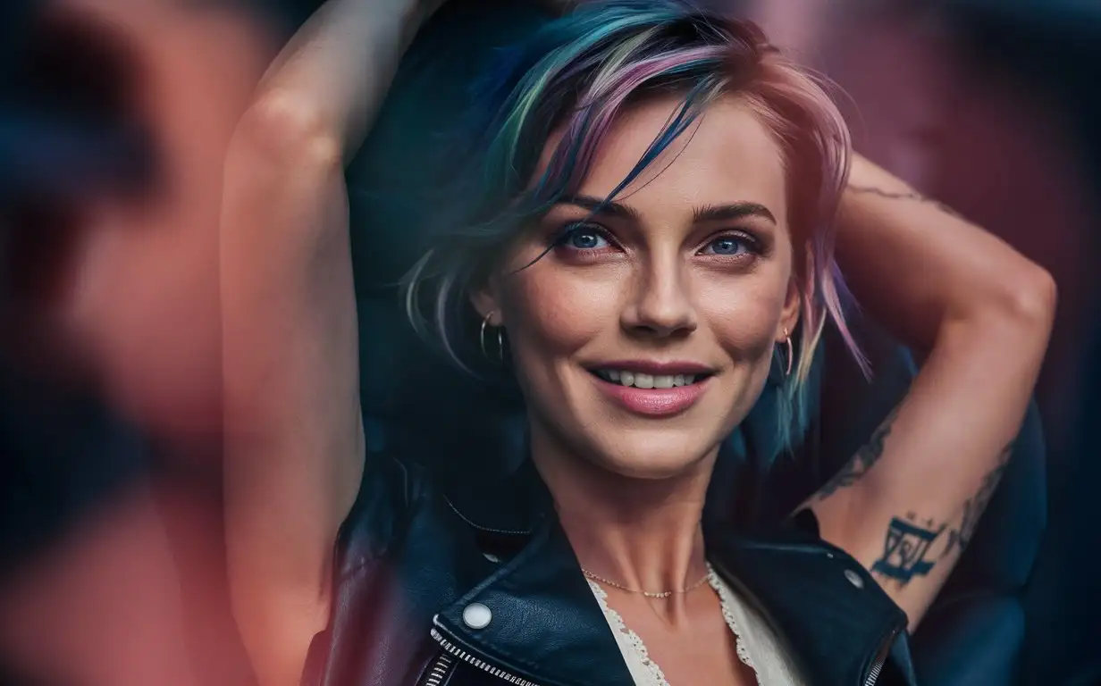 A closeup of young Charlize Theron, (18 yo), slim face, with multicolored hair, taken with a Fujifilm X-T40, laughing, leather jacket, with tattoo, full body, with high detail and high resolution photography, photographed in the style of Wong Kar-wai