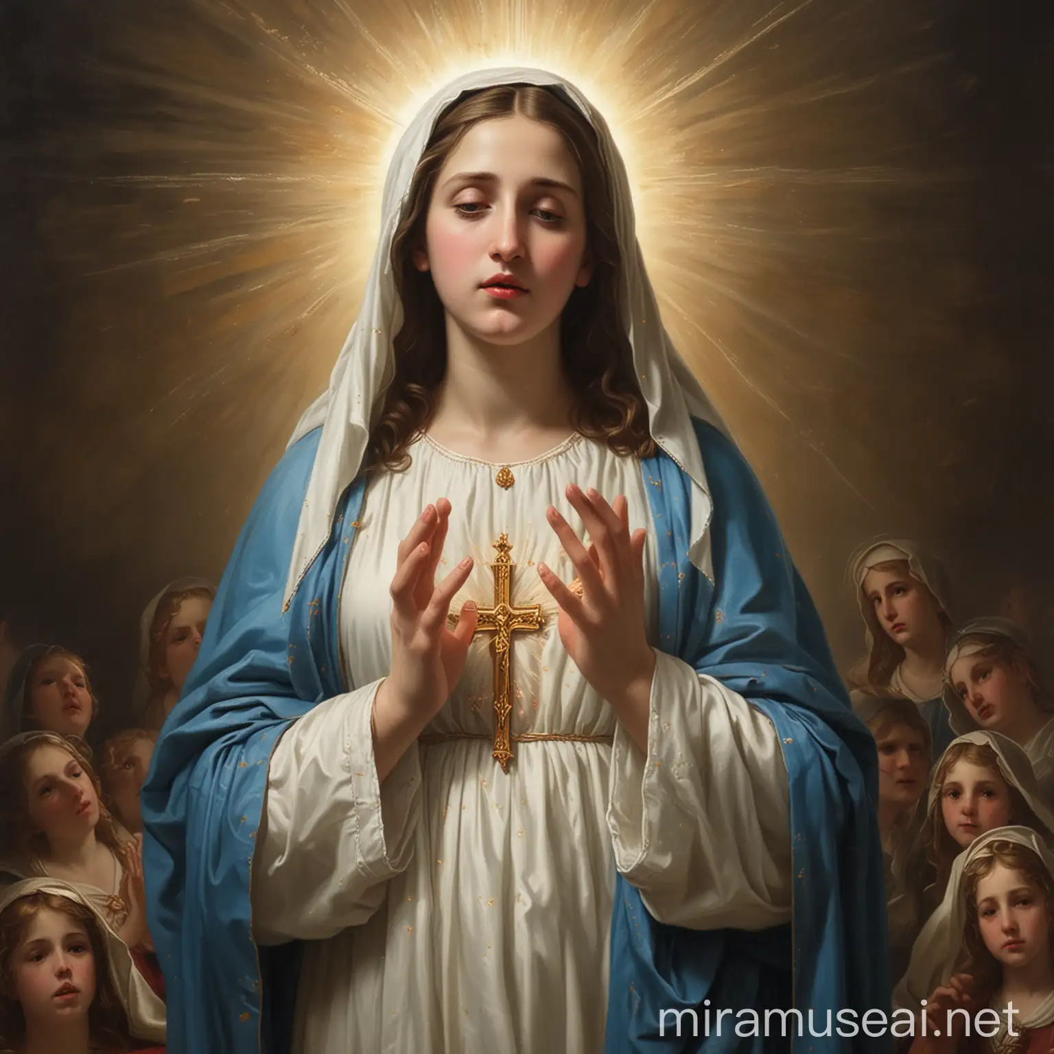 The painting depicts  the very young emotional virgin  Mary   The lighting is from the top left of the image behind the figure.  The fone view