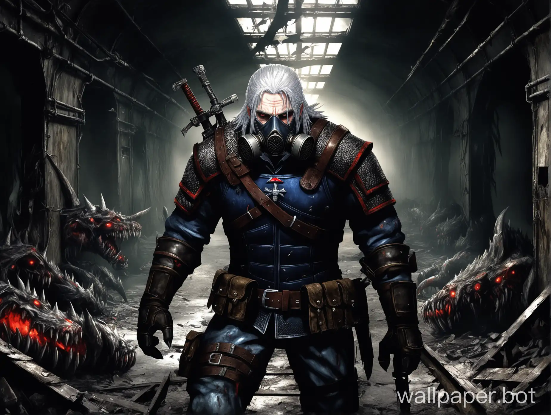 Geralt goes with a gas mask GP-7BT on his face and armor on his body goes in the abandoned, broken metro and darkness and scary monsters come out Geralt goes epic atmosphere is scary beautiful monsters attack Geralt game Metro 2033