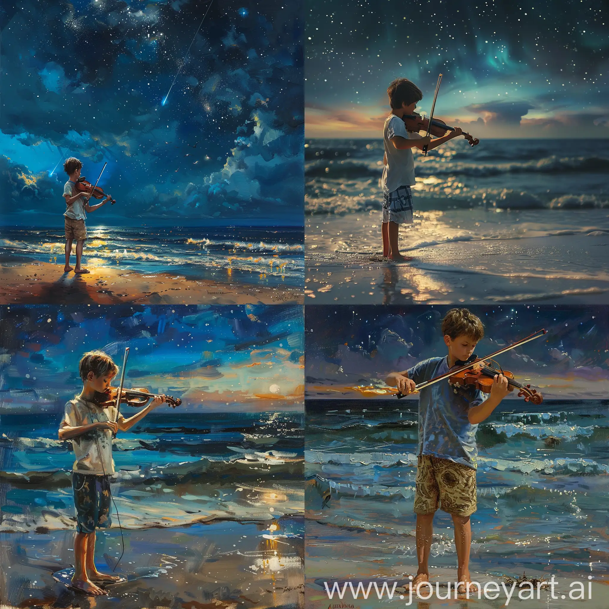 Boy-Violinist-Playing-on-the-Beach-at-Night