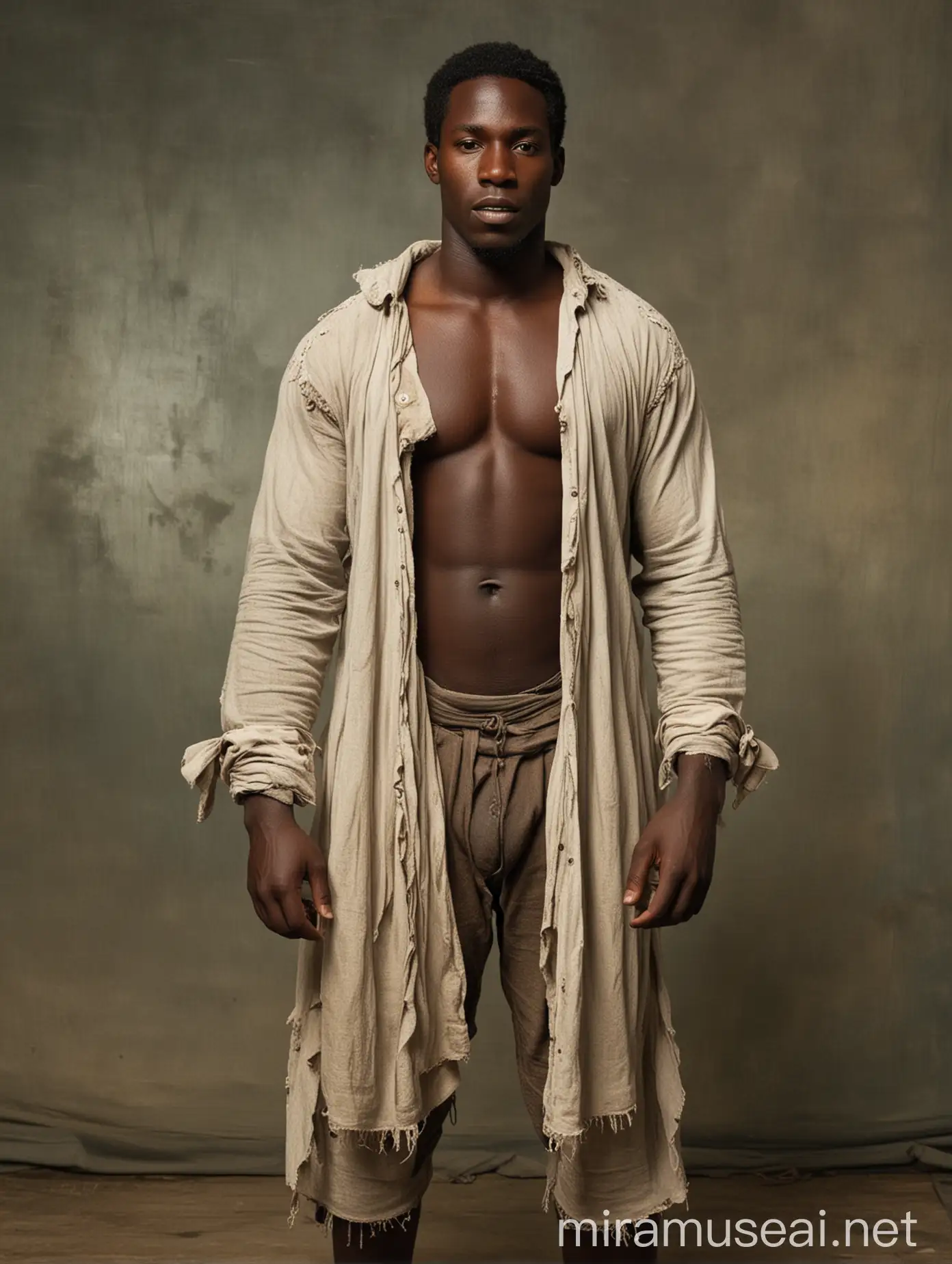 Un esclavo negro de cuerpo completo con la ropa deshilachada