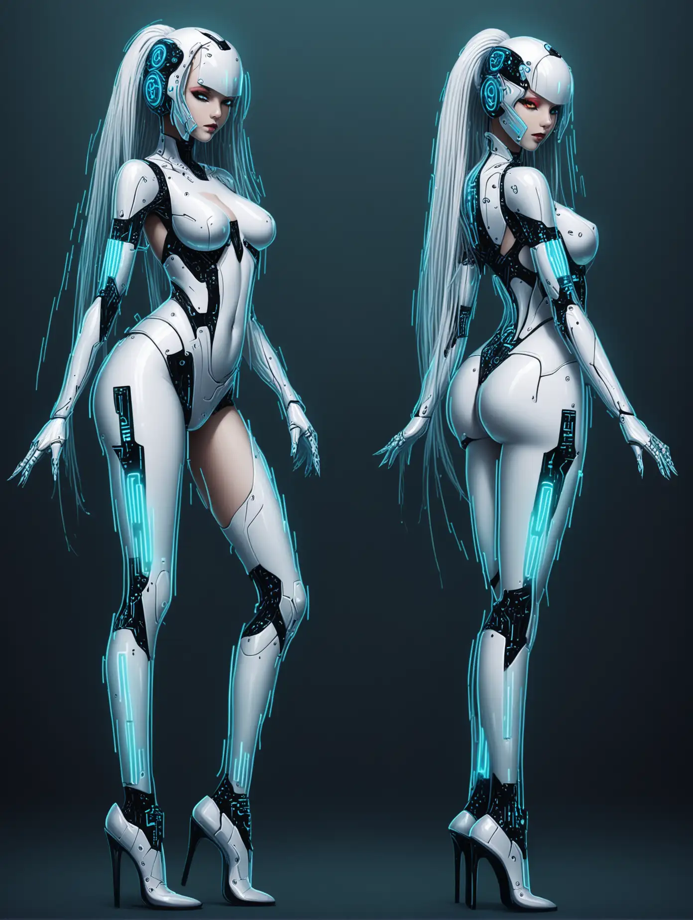 Hot girl, full body, 2 poses, beautiful and sensual, cyber maiden outfit