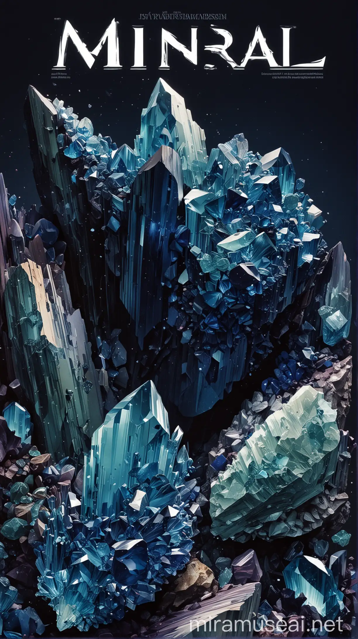 关于矿石杂志的封面，标题，介绍，主要颜色为深蓝色，带有各种颜色的水晶、矿石和萤石，组成一个美丽的简约的科普类型的杂志封面