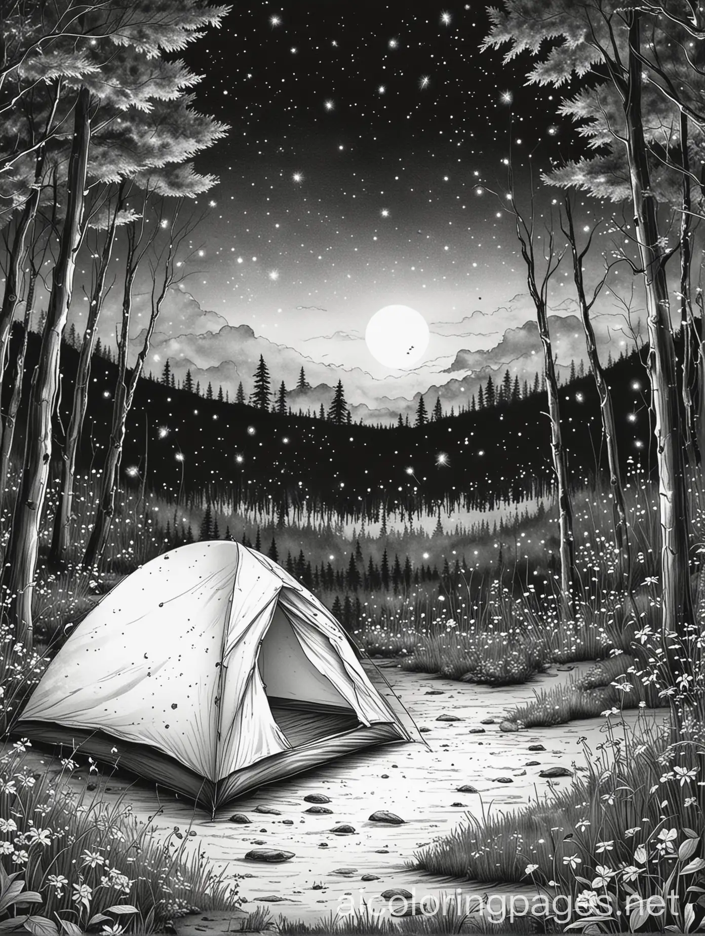 fireflies over a tent at night, Coloring Page, black and white, line art, white background, Simplicity, Ample White Space. The background of the coloring page is plain white to make it easy for young children to color within the lines. The outlines of all the subjects are easy to distinguish, making it simple for kids to color without too much difficulty