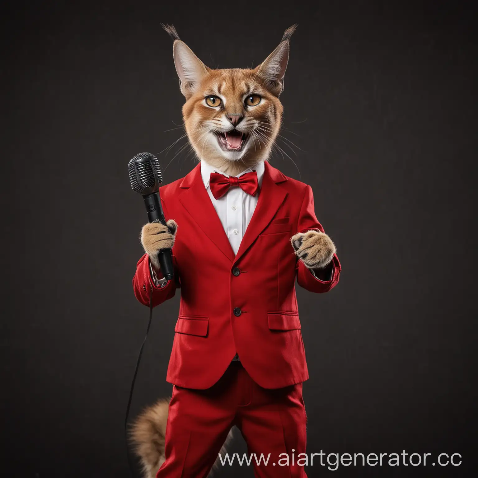каракал кот в деловом красном костюме выступает улыбается с микрофоном на темном фоне