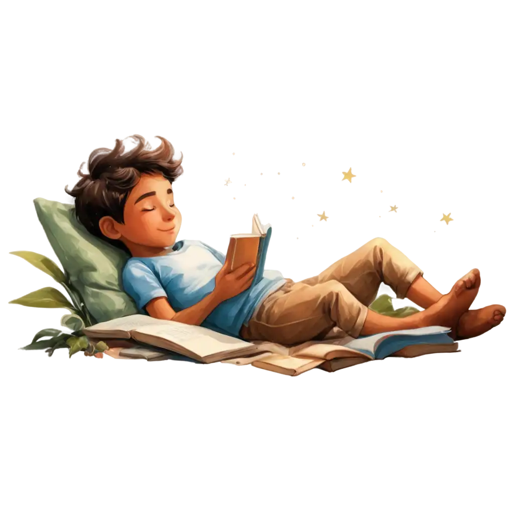 A whimsical illustration of a young boy lying down on a blanket, absorbed in reading a book. The scene is set outdoors with a slightly surreal touch, featuring elements like a crescent moon, whimsical plants, and animated objects such as a flying bird and a toy cat. The boy is surrounded by books and cozy pillows in an imaginative, dreamy atmosphere, with warm, earthy tones and gentle lighting. The overall style is delicate and watercolor-like, evoking a sense of wonder and tranquility.