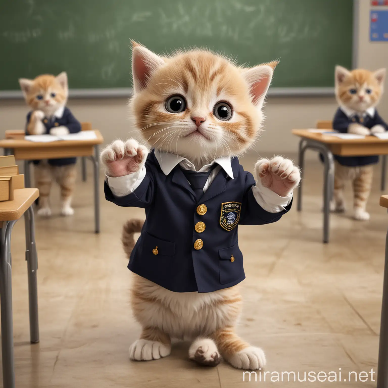 Adorable Kitten in Classroom Uniform Raises Paw to Answer Question