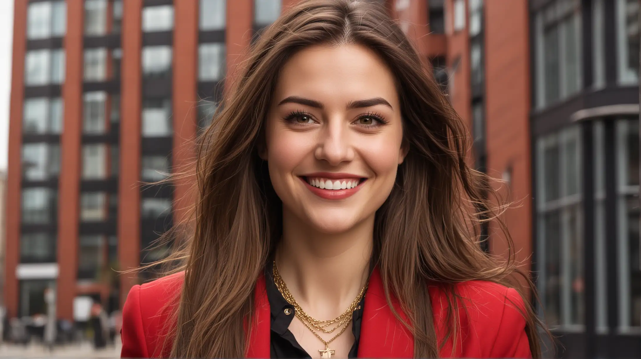 High rise urban background, 30 year old pale white woman with long dark brown blowout straight hair parted to the right, big eyelashes, red blazer, gold necklace, black shirt and black trousers, smiling. She might be of English or Irish or Danish descent.