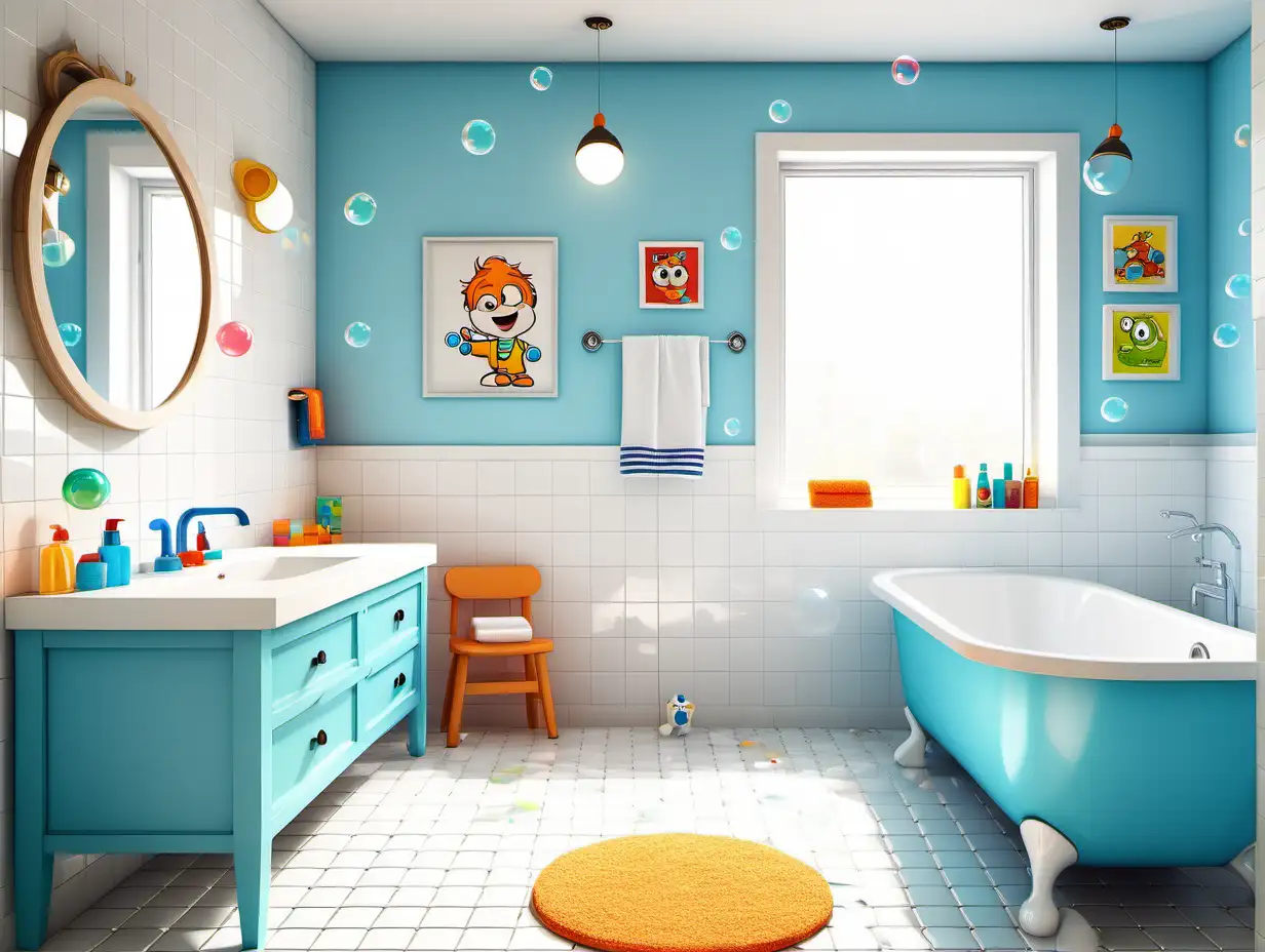 A bright and cheerful cartoon-style bathroom for little boys. The room has white tiles on the floor and white walls, a large bathtub filled with bubbles,  there's a mirror above a sink with two toothbrushes in a cup, and a towel hanging on the wall
