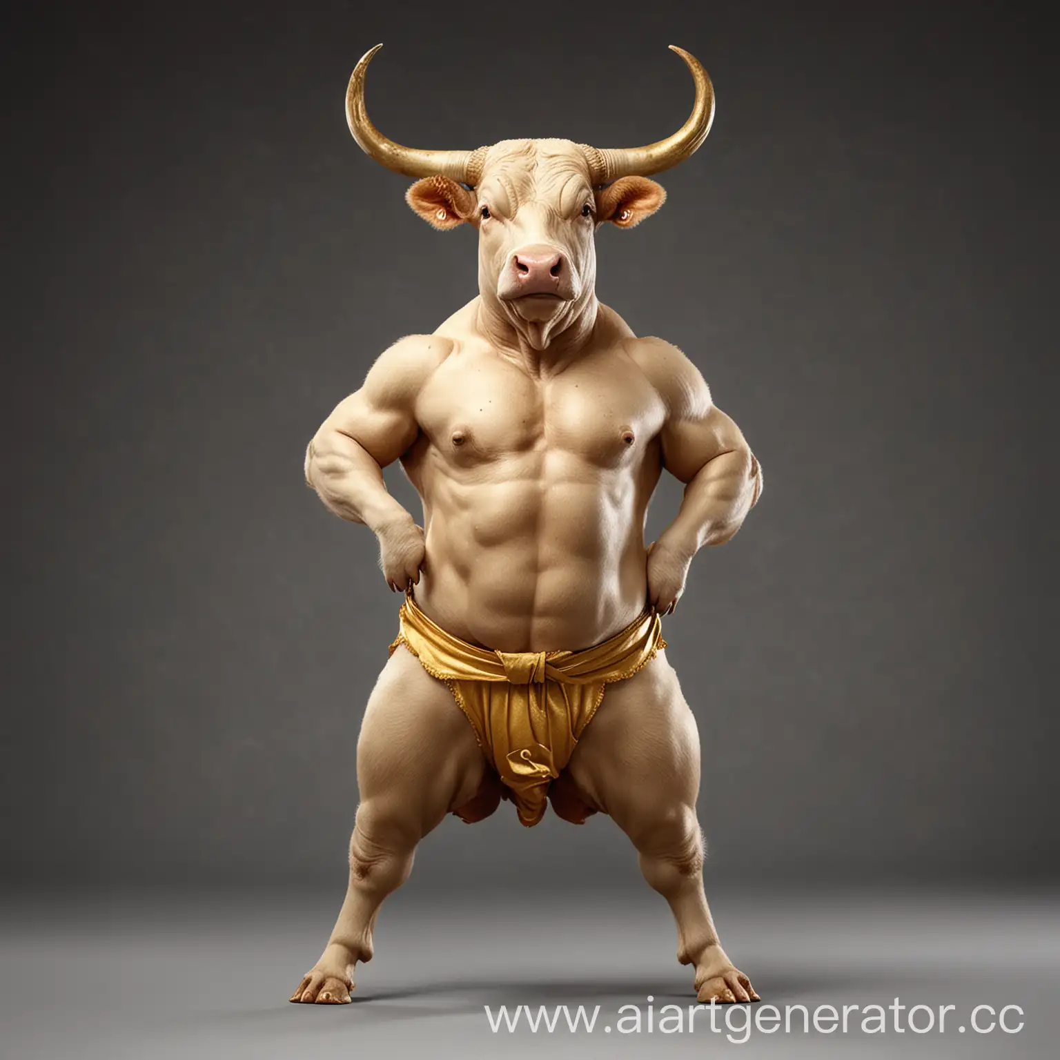 Create an image of a beautiful bull standing on its hind legs with its hands on its hips. Instead of regular eggs, it should have golden ones.