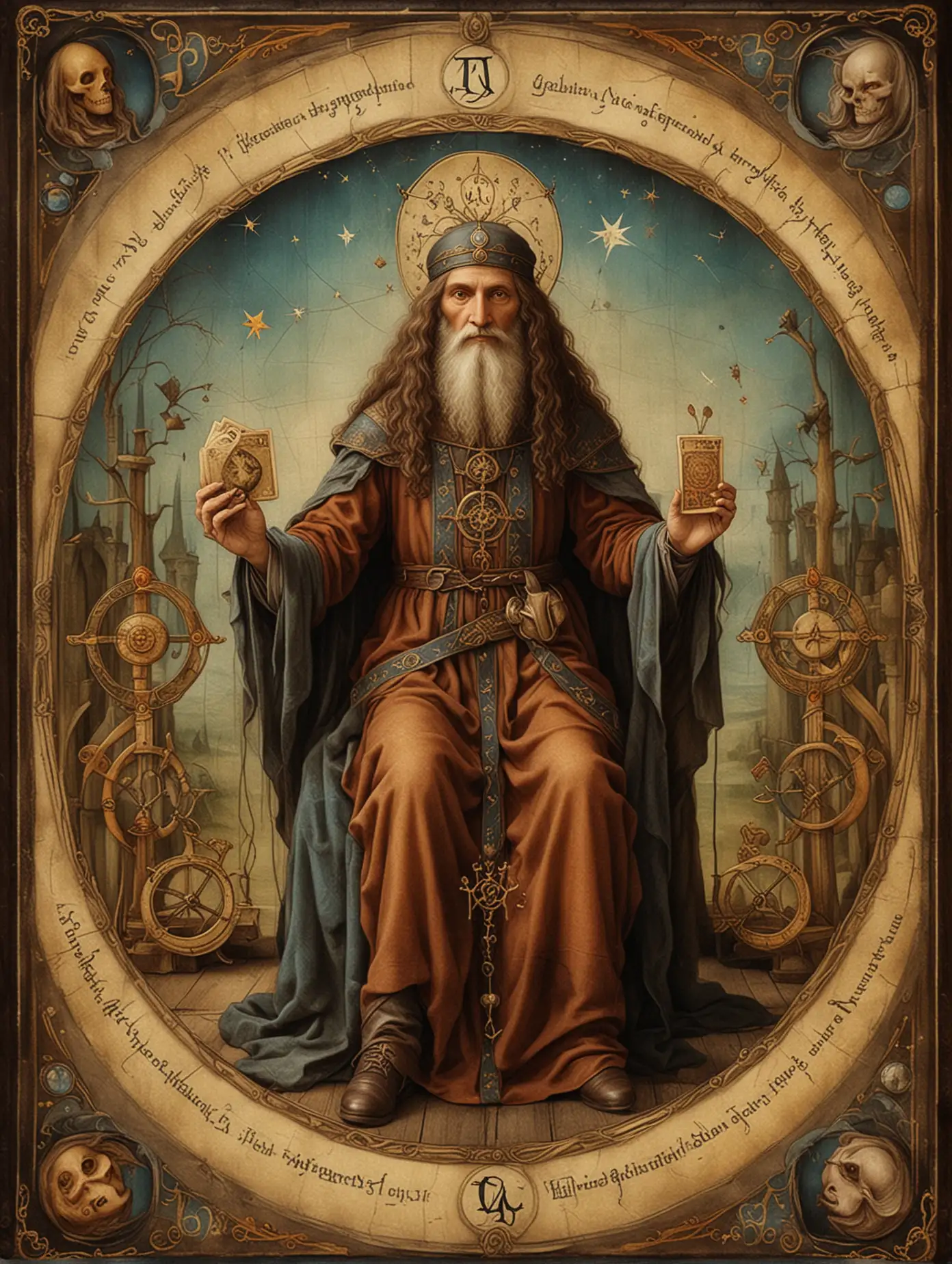 Tarot with all the original rider deck mystical symbols detailed painting in Leonardo da Vinci style  - THE Magician 