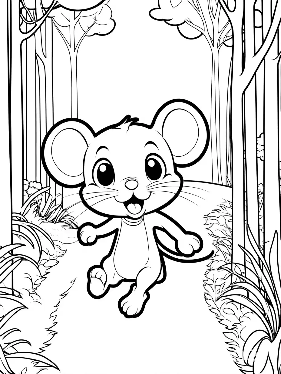 coloring PAGE LINE1 ART -  Cute mouse running away from cat Disney style coloring page for kids  Cinematic Shot     Magical Forest        Disney-style  Motion Design( coloring page ) , Coloring Page, black and white, line art, white background, Simplicity, Ample White Space. The background of the coloring page is plain white to make it easy for young children to color within the lines. The outlines of all the subjects are easy to distinguish, making it simple for kids to color without too much difficulty
