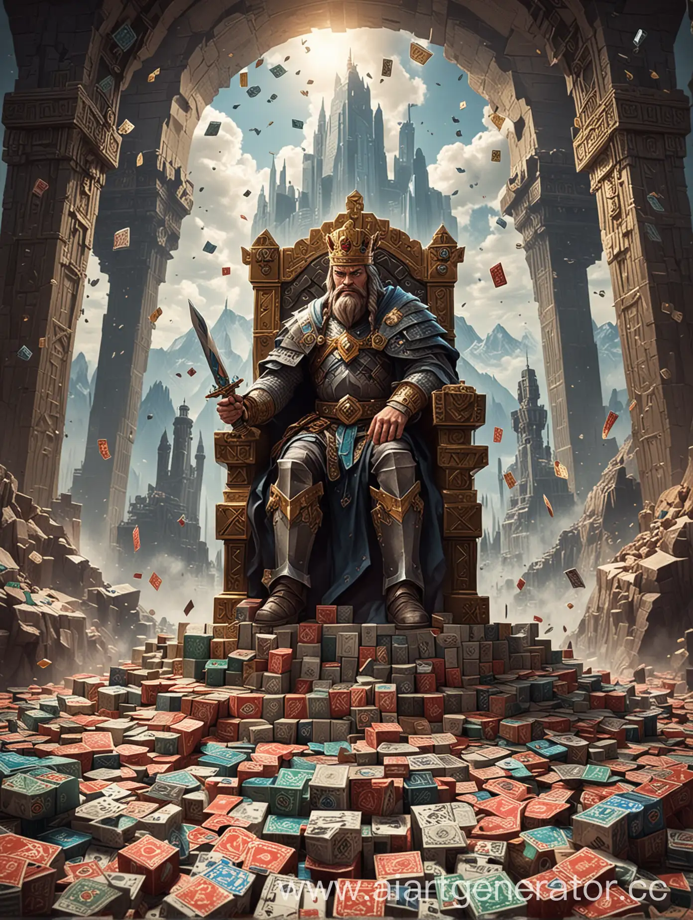 King-Holding-Minecraft-Sword-on-Giant-Throne-Surrounded-by-Mountains-of-Chips-and-Money