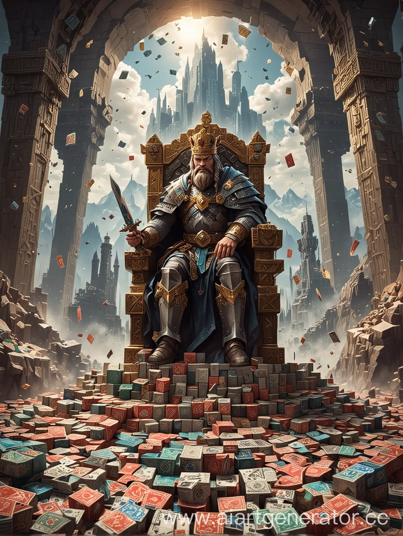 The king is sitting on a large giant throne, facing us, the angle is slightly below the horizon, in his right hand he holds a diamond sword from Minecraft, and in his left hand he holds a deck of cards, the king is sitting in the center, on the floor around him are giant mountains of chips, mountains of poker chips, mountains of money, and 2 planes flying in the sky To the Twin Towers