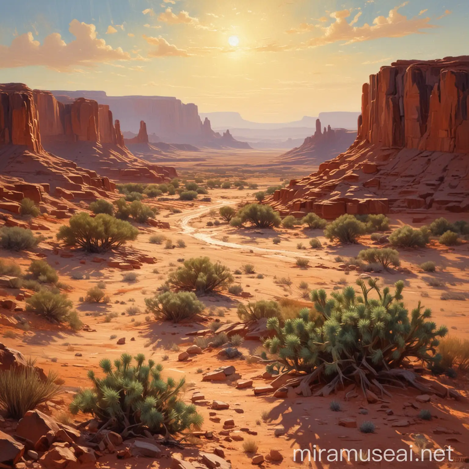 desert scene similar to Moab Utah, lots of depth, morning light, in the impressionist style of edgar payne