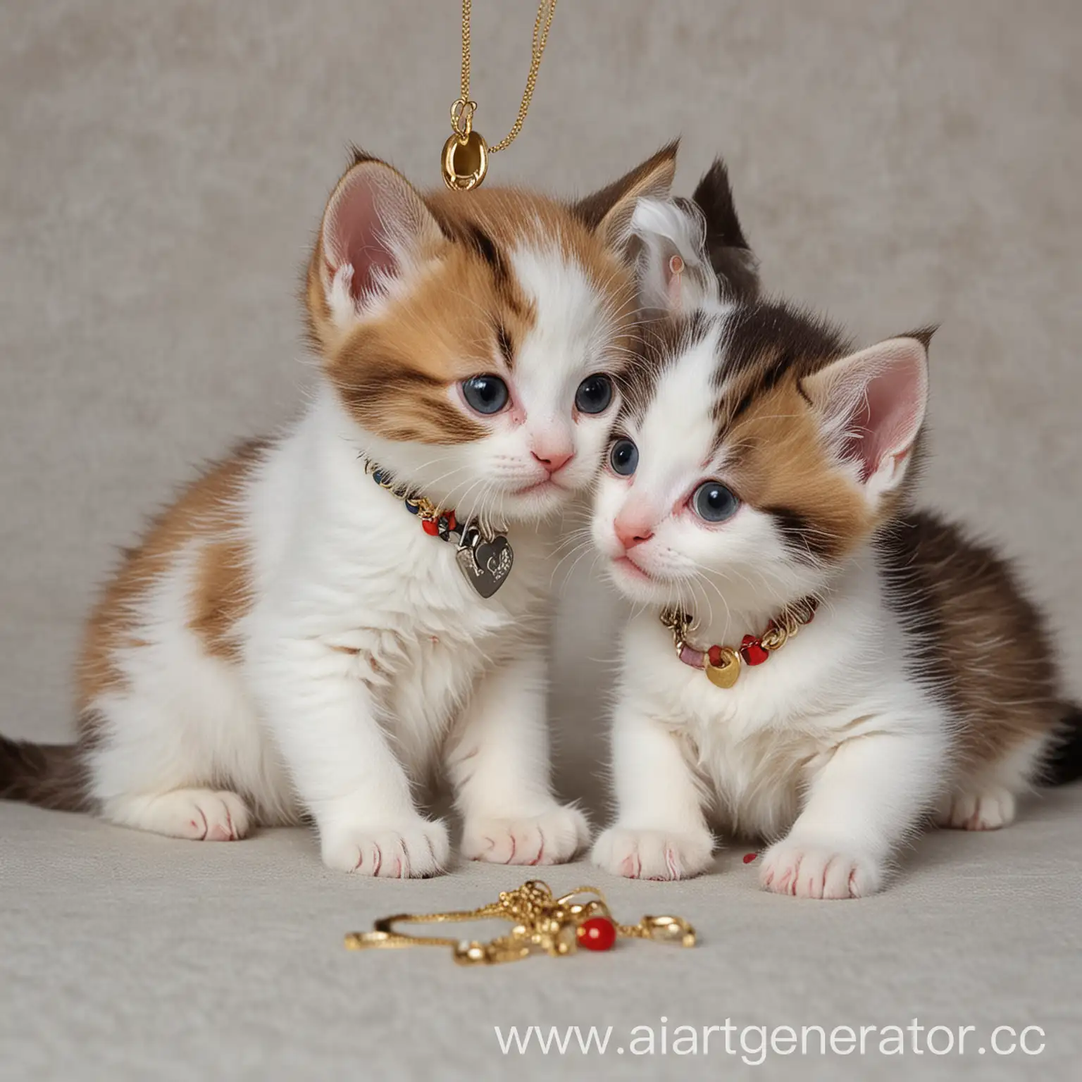 Два трехцветных котенка играют друг с другом. У них есть кулоны. На одном кулоне написано "Ульяна"