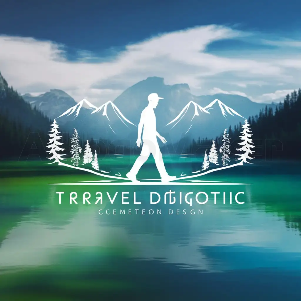 a logo design,with the text "Calm footsteps", main symbol:Walking Figure: Silhouette or outline of a person walking. Nature: Trees, path, mountains, or a calming background. Colors: Soft, calming colors such as blues, greens, or pastels.,complex,be used in Travel industry,clear background