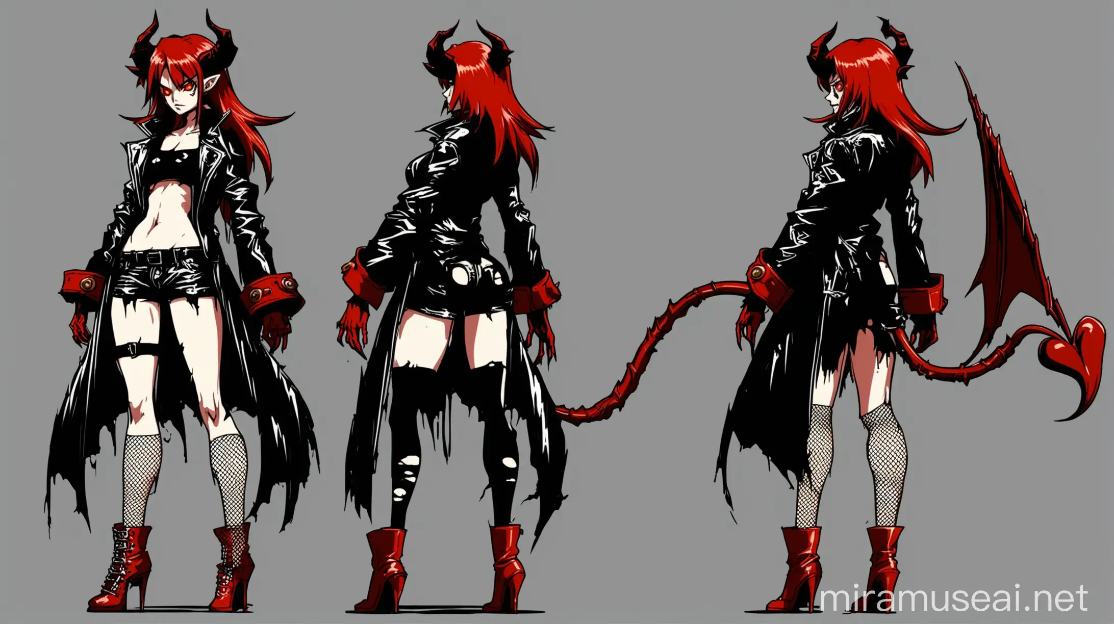 HalfDemon Girl in Black Leather Outfit Pale Skinned RedHaired Character Concept Art