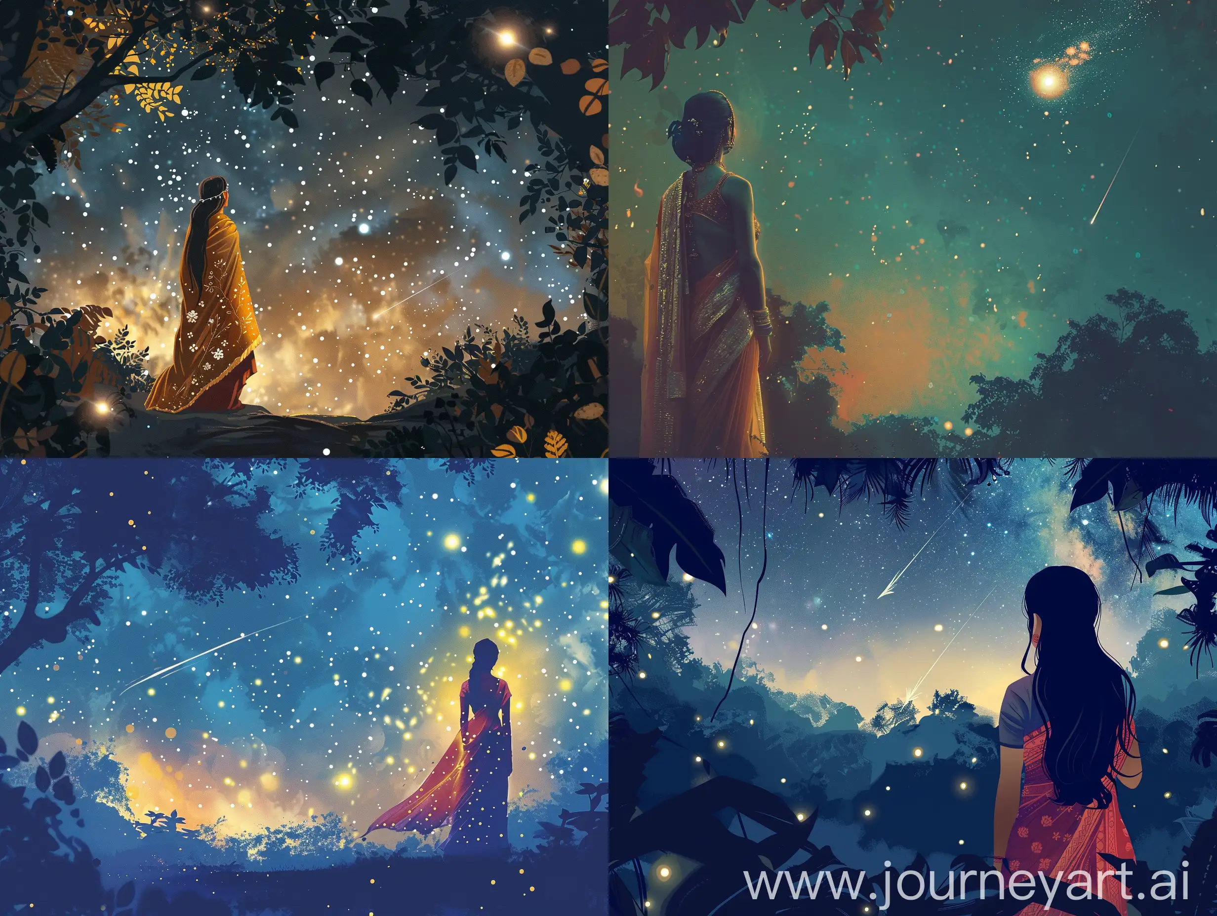 illustration, full body view, hindu woman looking at the celestial stars, night, lights, shooting star, nature, mystical forest --ar 4:3 --style raw