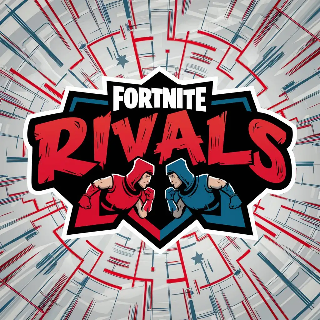 a logo design,with the text "FORTNITE RIVALS", main symbol:2 WARRIORS FACING EACHOTHER READY TO FIGHT IN A RED AND BLUE GRAFFITI FONT,complex,clear background