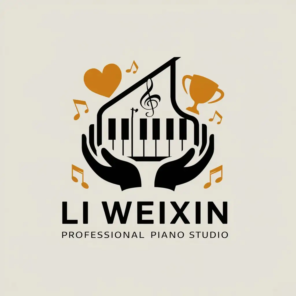 a logo design,with the text "Li Weixin Professional Piano Studio", main symbol:piano, piano keyboard, professional, with a loving heart, music notes, sheet music, hands for playing the piano, trophy, certificate,Moderate,be used in Education industry,clear background