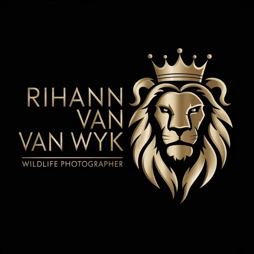 a logo design,with the text "Rihann van Wyk Wildlife Photographer.", main symbol:create a luxury logo design. this logo should include a lion head. preferred color is gold. must be a black background,Moderate,clear background