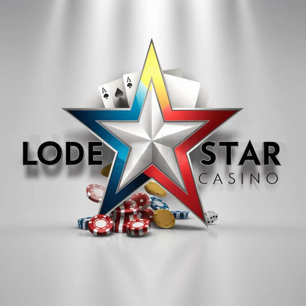 a logo design,with the text "Lode Star Casino", main symbol:a logo design,with the text 'LODE STAR CASINO', main symbol: a star, use the colors blue, yellow red and white for image, add gambling aspect to it,Moderate,clear background