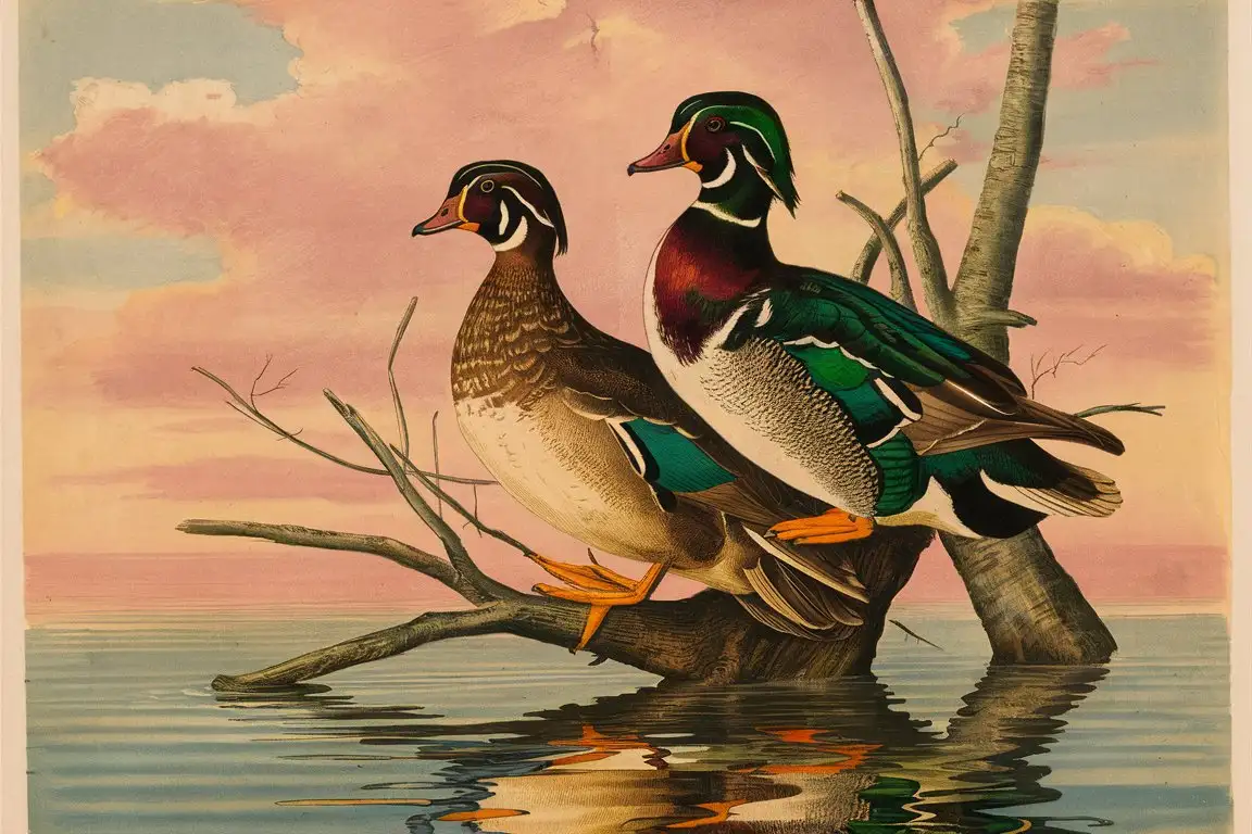 vintage print of a hen and drake Wood Ducks in Tranquil Waters, perching on an tree in the water