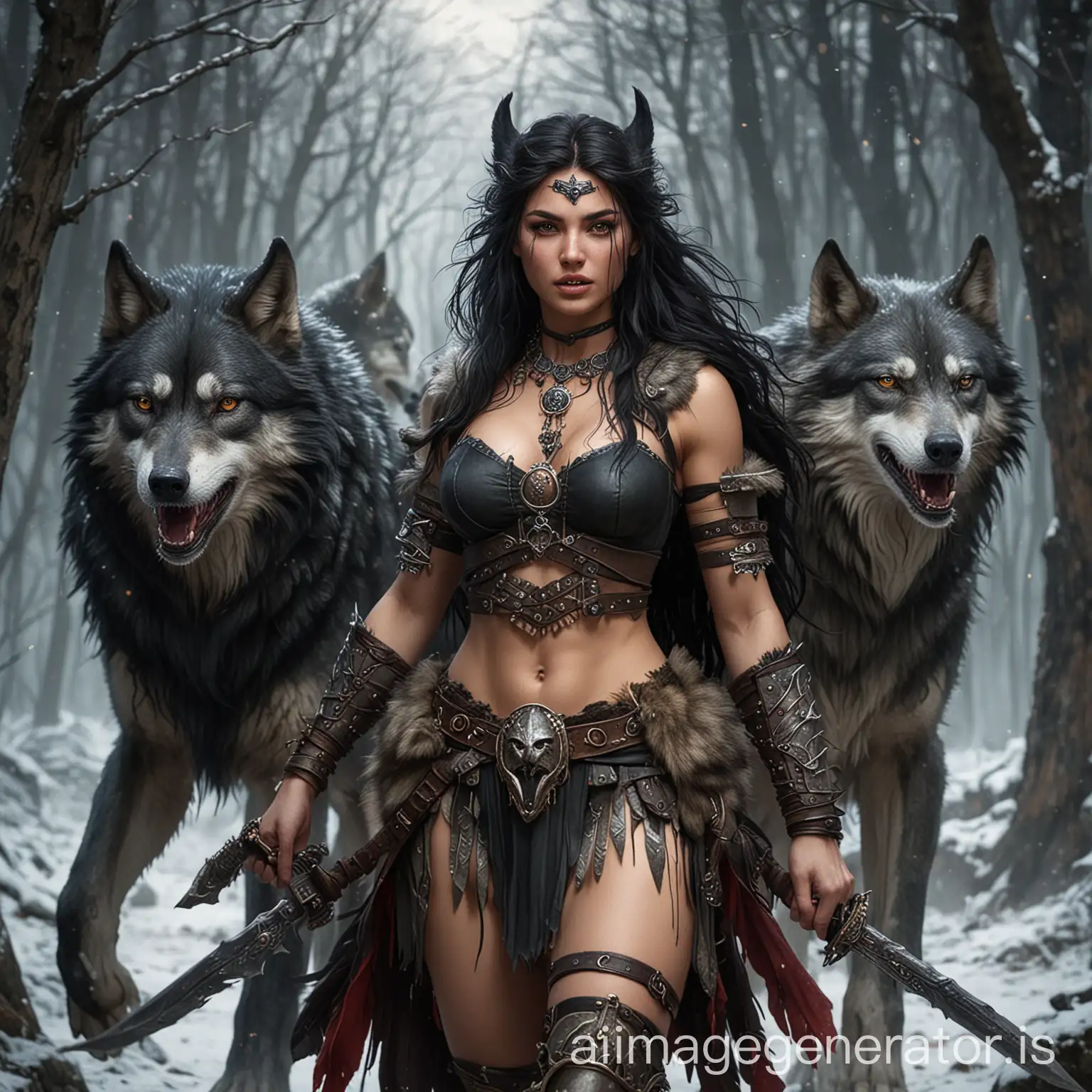a dark haired Wolfmaiden warrior with her mates