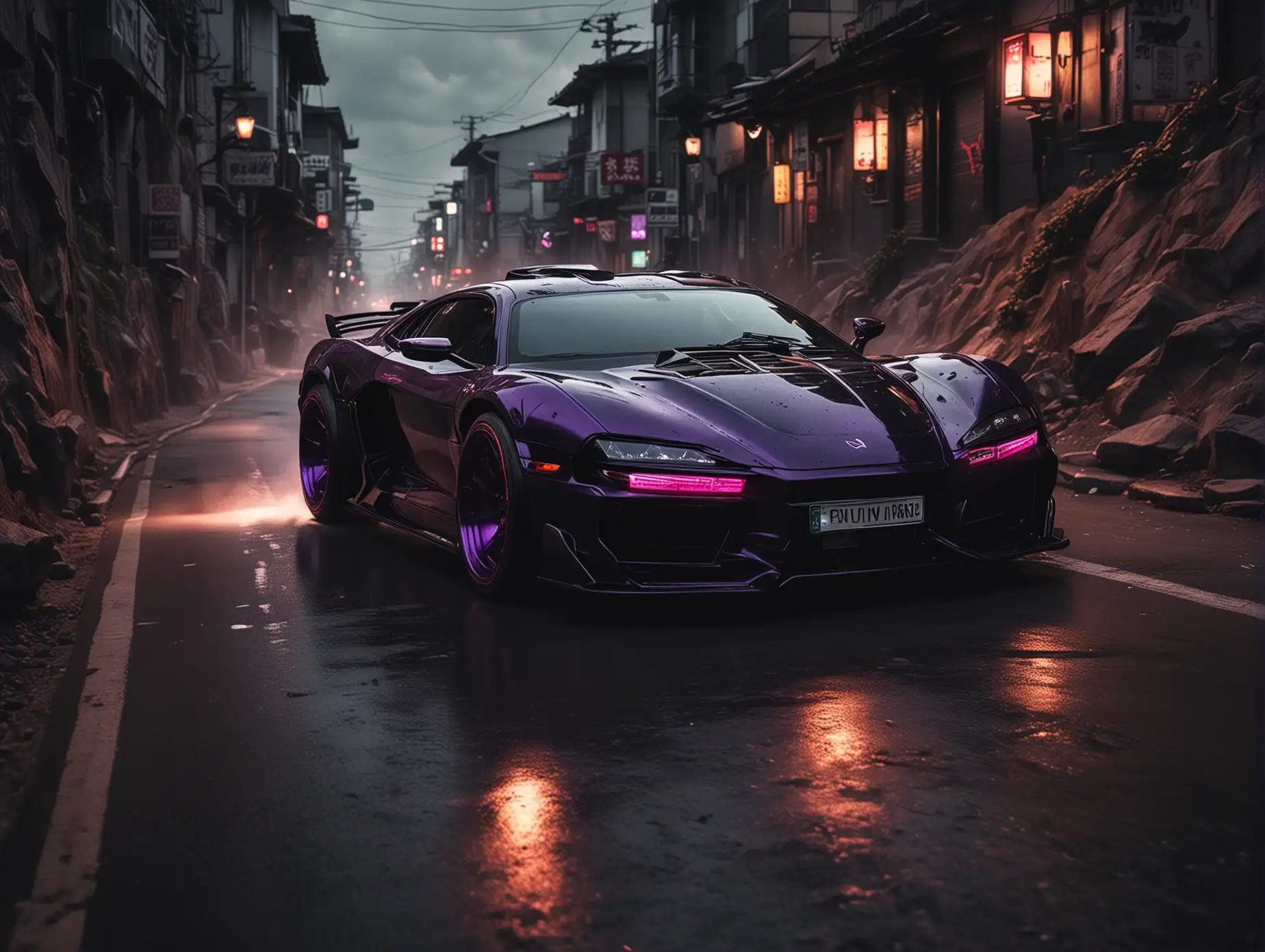 Create  futuristic cars from   puma & spiderman evil tuning type drifting  on Downhill in Tokyo rear view from high far away,  car color black,  dark violet lights on car