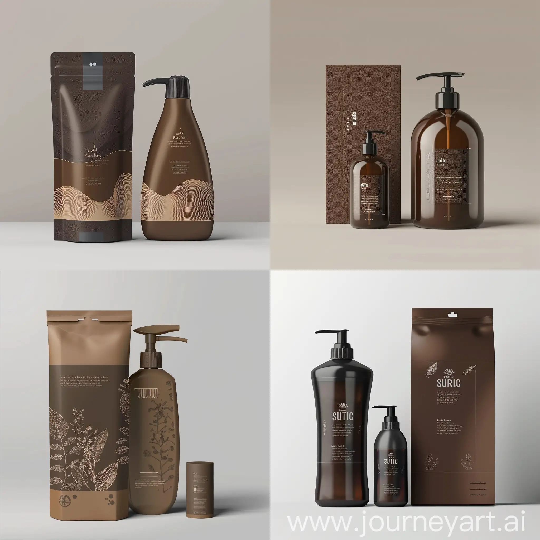 packaging for gel shower and shampoo in brown color with modern texts , modern graphic style premium class