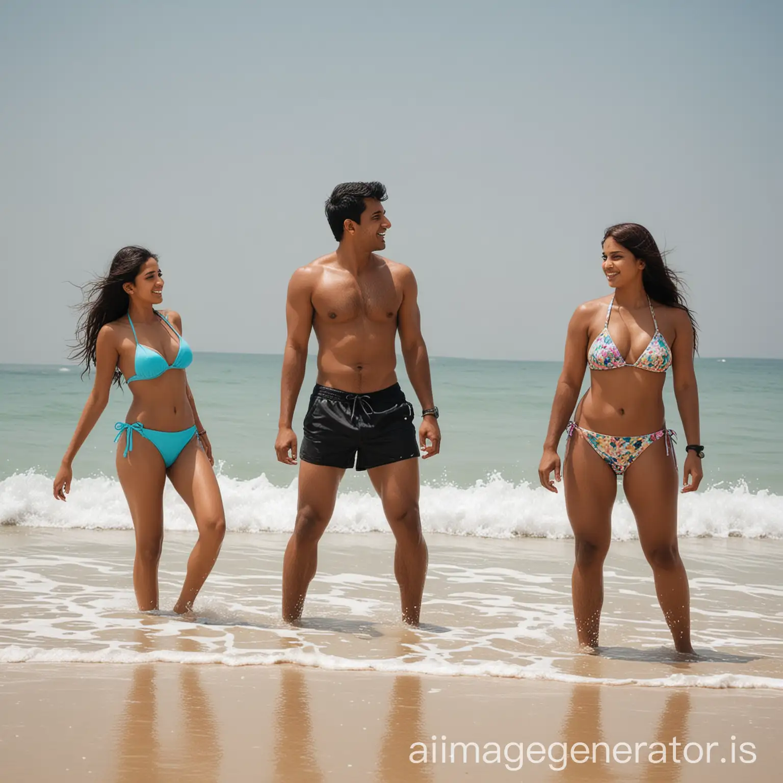 Indian man on beach around Indian girls in bikini