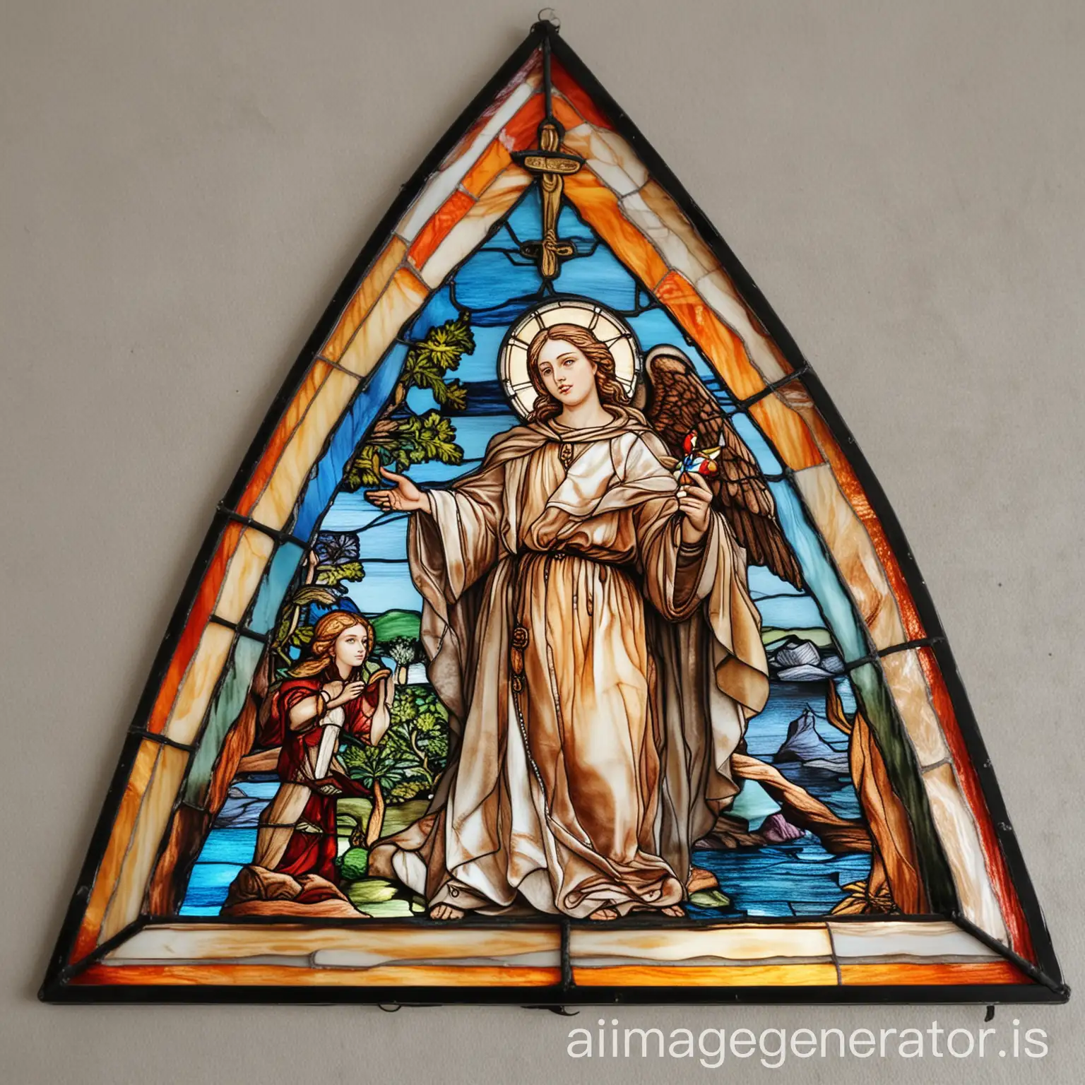 triangle
stained glass
very beautiful 
 multicolored 
with the photo of saint Gabriel
