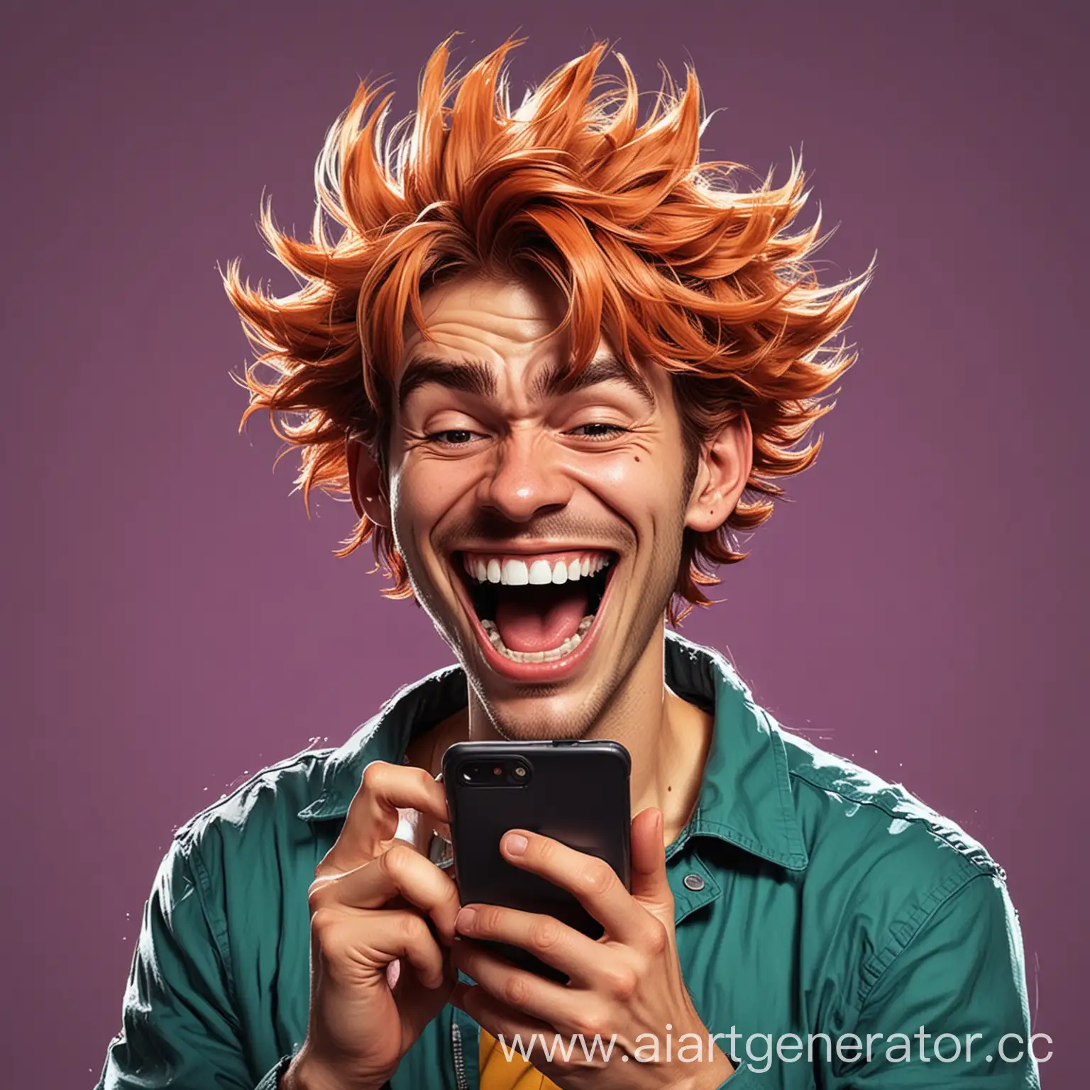 цветное нарисованное в стиле комикса, изображение, мультяшный парень с лохматыми волосами и большими зубами пользуется смартфоном в своих руках и смеется, однотонный фон, высокое качество