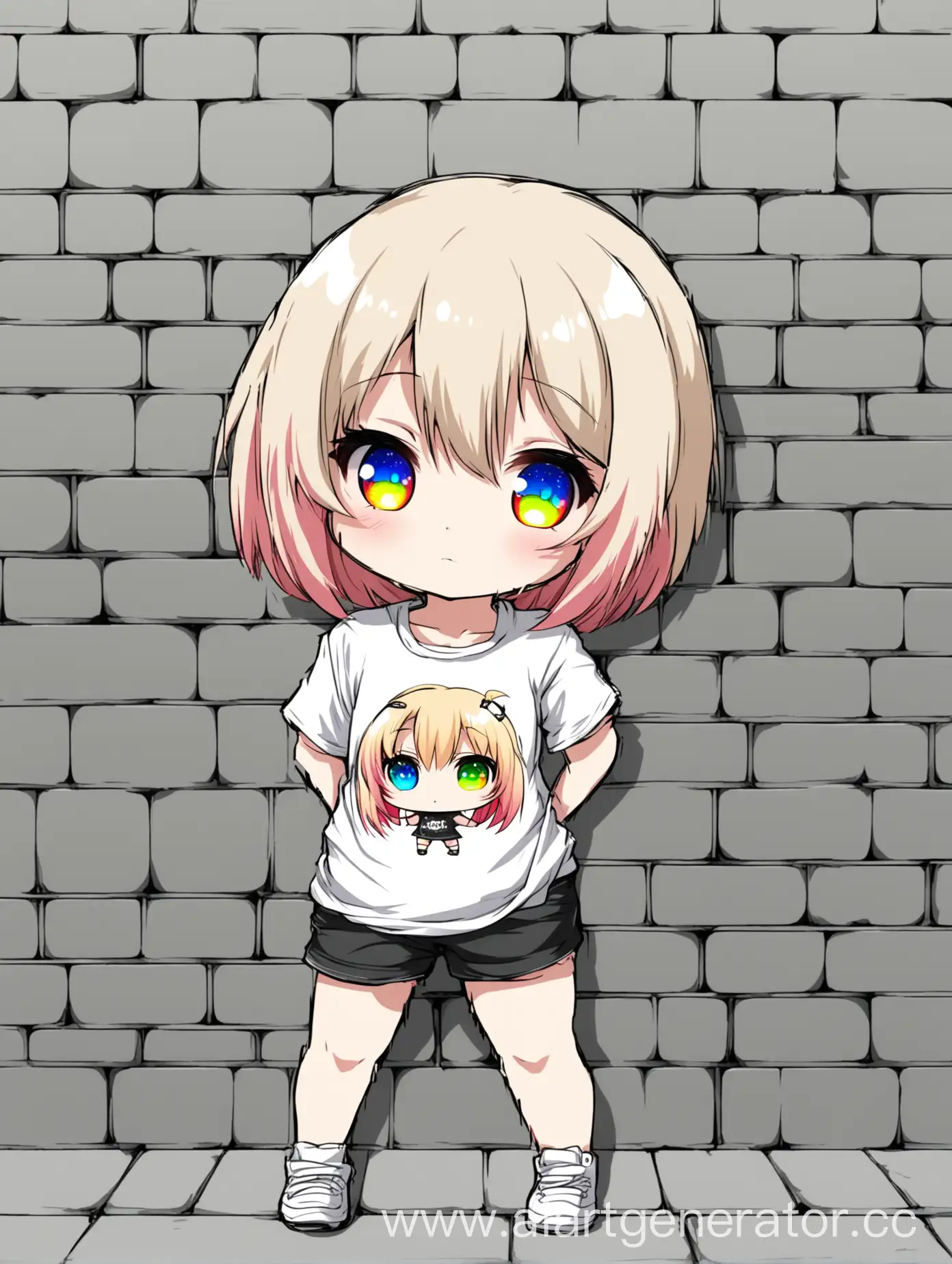 Chibi-Anime-Girl-Leaning-Over-Wall-with-Multicolored-Eyes-and-White-TShirt