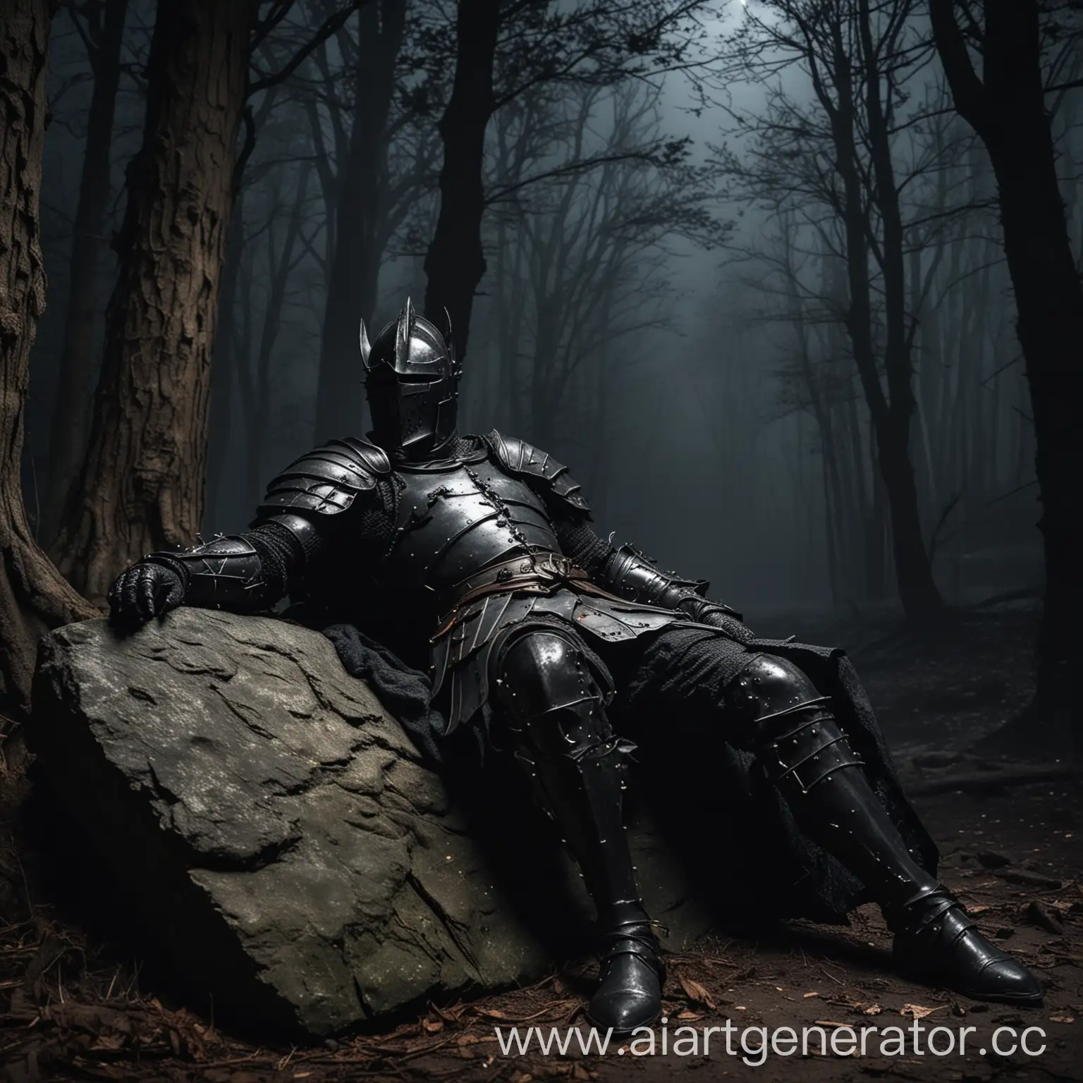 Black-Knight-Lying-on-Stone-in-Dark-Forest