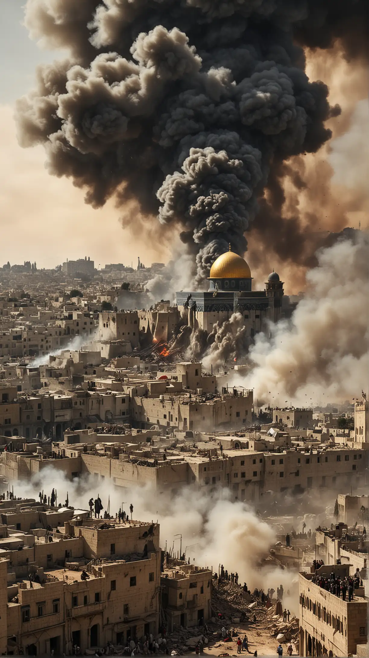 Create an image depicting the ongoing conflict between Israel and Palestine in 2024. Show a war-torn cityscape with smoke rising from buildings, highlighting the devastation in Gaza. Include Israeli military forces and Palestinian civilians caught in the crossfire. In the background, capture the tension around the sacred site of the Temple Mount/Al-Aqsa Mosque with clashes between protesters and security forces. The image should evoke the deep historical roots, humanitarian crisis, and the struggle for peace in this conflict.