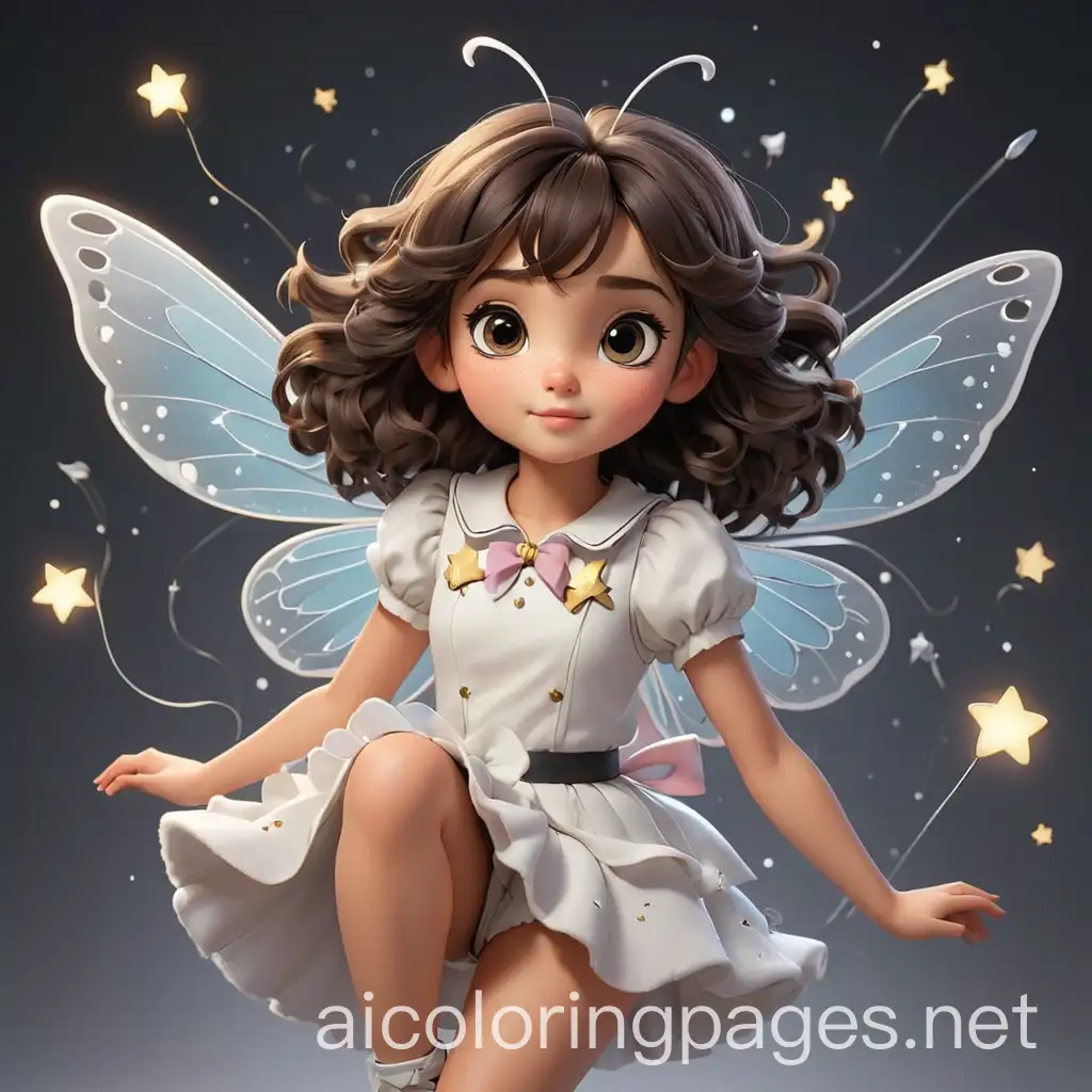 a magical girl and her pet, a small creature with butterfly wings and round fluffy body, large cute eyes and tiny antennae on top of its head, flying among the stars and the shooting stars., Coloring Page, black and white, line art, white background, Simplicity, Ample White Space