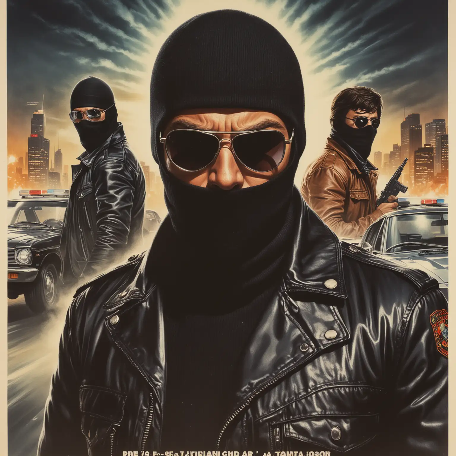 private cop with balaclava and criminals , car chase, angry face, sunglasses and leather jacket 70s movie poster, super panavision 70, city at night
