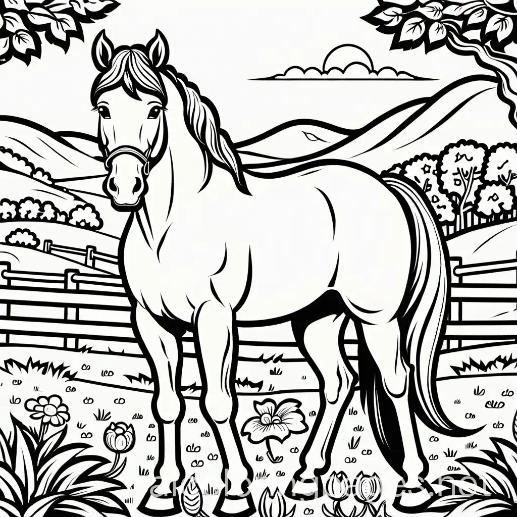 Horse in the pasture,  style of coloring book, vector lines, black and white, detailed line work, fill frame, edge to edge, clip art white background, no shading. , Coloring Page, black and white, line art, white background, Simplicity, Ample White Space. The background of the coloring page is plain white to make it easy for young children to color within the lines. The outlines of all the subjects are easy to distinguish, making it simple for kids to color without too much difficulty