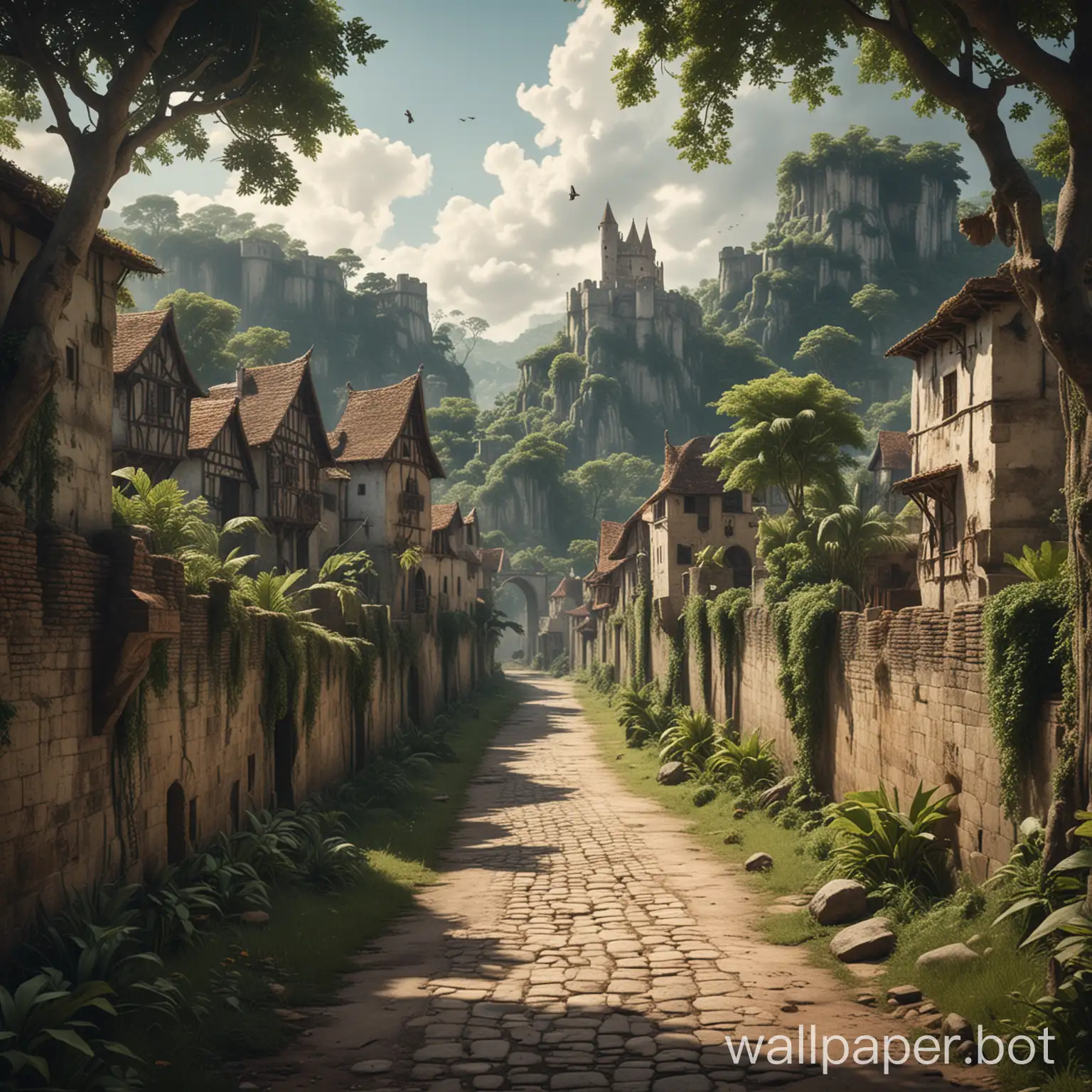 a walled medieval town in a jungle, a road leaves it and stretches into the distance, some creatures fly in the back ground