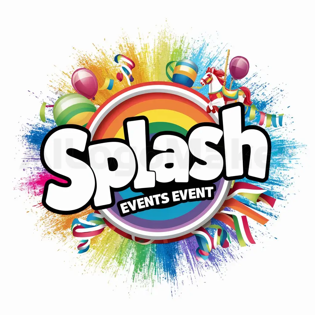 a logo design,with the text "Splash", main symbol:Create a logo for the event with a title SPLASH. The sub tagline is Coloring Every Moment. Make the SPLASH text white with a colorful background but not a liquid background but more like a powder. Please make it with a carnival style and carnival design element with fun, cherish, happy and festive. And use a more playful font.,Moderate,be used in Events industry,clear background