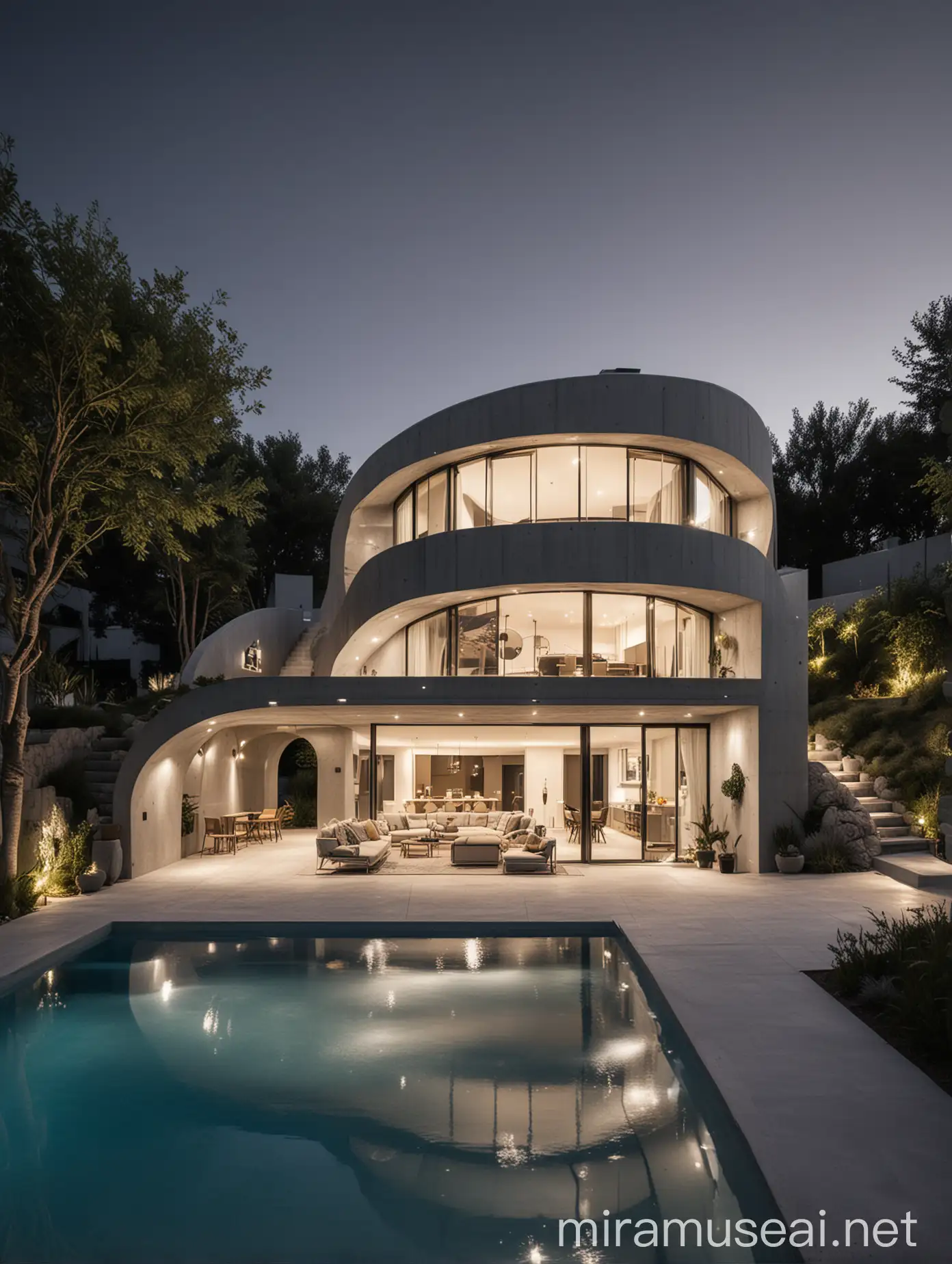 A modern, duplex gray concrete prefabricated house with a pool, semi-circular arched design, terrace, creative lighting, and innovative design approved by an architectural competition.