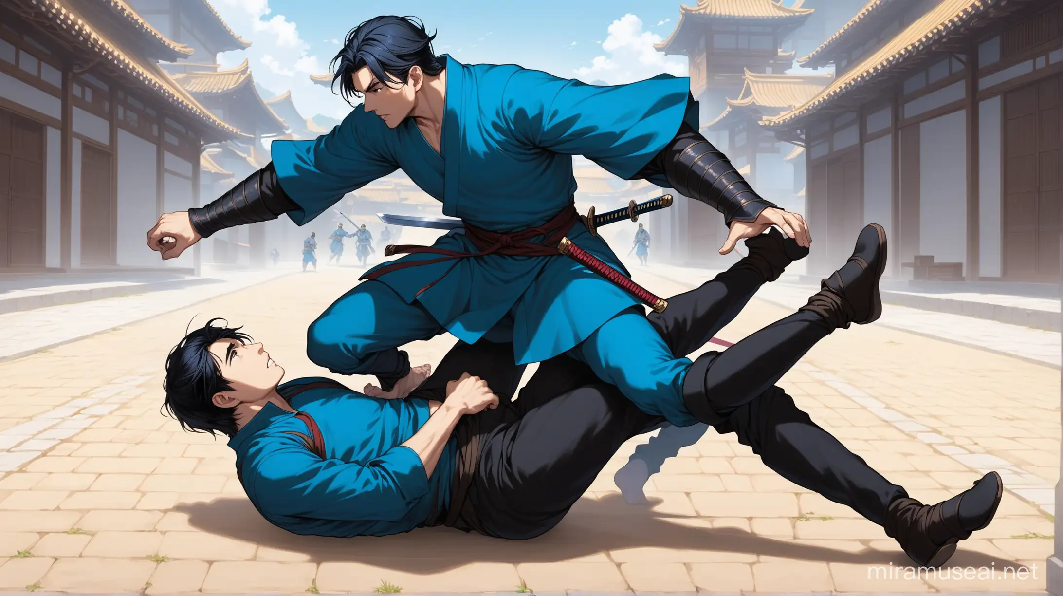 The blue-clothed swordsman jumped and rolled on the ground with his feet kicking the black-clothed one