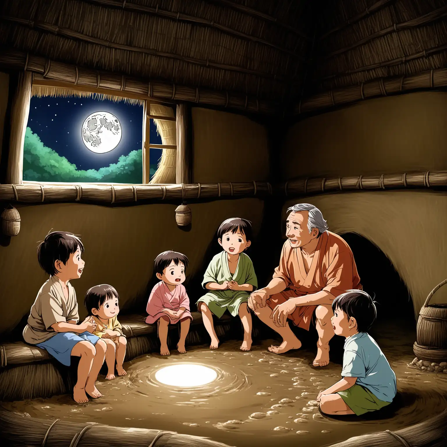 在一座泥坯茅草屋里，有一个中年男人在给三个小孩讲故事，窗户外面可以看到洁白的月亮